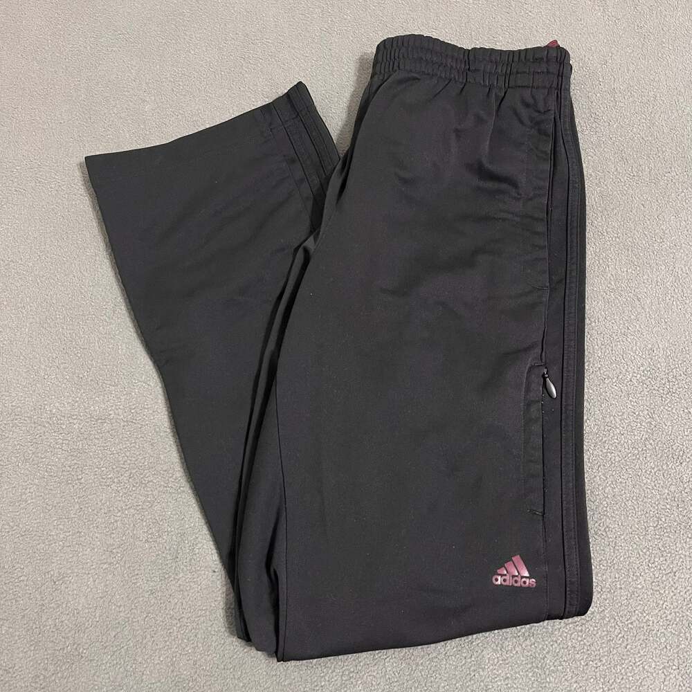 Y2K Adidas Track Pants Mens Large Black Burgundy 3-Stripe Pockets Athleisure Gym